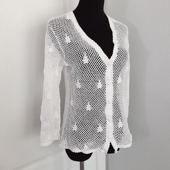 Vintage 80s Fishermen Net Crochet Cardigan Sweater White 100% Cotton Sheer Boho - Picture 3 of 9